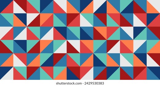 Modern abstract geometric background with triangles, rectangles, squares in retro scandinavian style. Pastel colored simple shapes graphic seamless pattern