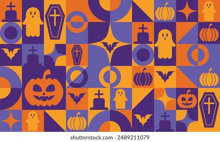 Modern abstract geometric Bauhaus pattern featured in Halloween banner for holiday celebration. Vector horizontal banner with Bauhaus geometric elements including pumpkin, bat, ghost, and cemetery