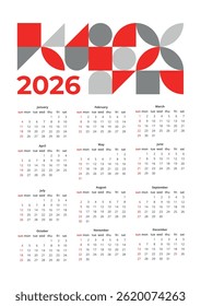Modern abstract geometric calendar 2026. Minimalistic red gray wall calendar template with geometric shapes