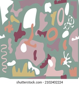 Modern abstract geometric collage shapes seamless pattern, Green background