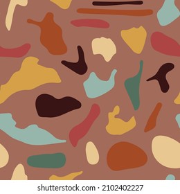 Modern abstract geometric collage shapes seamless pattern. Terracotta background