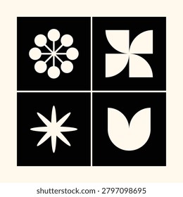 Modern abstract geometric collection featuring floral and botanical-inspired shapes in a minimalist black and beige color palette. Perfect for contemporary branding, wall art, posters, packaging, editorial layouts, home decor, social media content, and mid-century modern design projects.