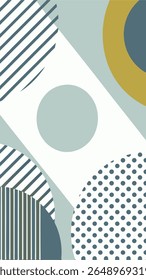 A modern abstract geometric composition featuring diagonal stripes, circles, and curved shapes in a muted color palette of blue, grey, and mustard yellow.