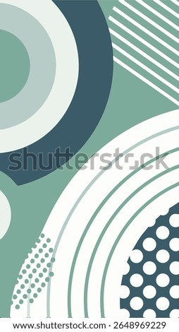 A modern abstract geometric composition featuring overlapping curved shapes, stripes, and polka dots in a palette of muted greens, blues, and off-white.