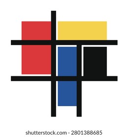 Modern abstract geometric composition inspired by Mondrian style featuring red yellow blue and black rectangles on white background