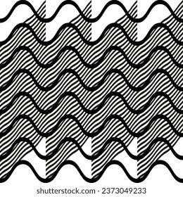 Vector contemporáneo geométrico abstracto moderno, sin fisuras en el patrón diagonal con elementos y formas simples. Fondo gráfico minimalista en blanco y negro.