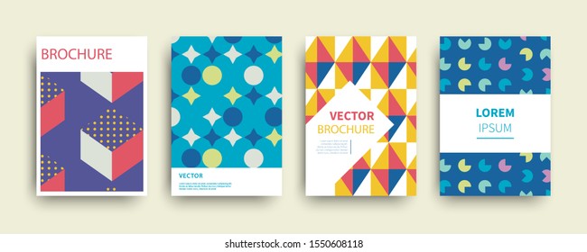 Modern abstract geometric covers templates set. Retro minimal colorful brochure, flyer, poster background composition. Bauhaus, memphis design, vector illustration.