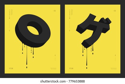 Modern abstract geometric design. Circle and japanese letter «Ge». Futuristic posters flyers with liquid ink splashes. Eps 10 vector illustration