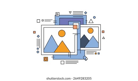 Modern Abstract Geometric Design Featuring Overlapping Rectangles and Artistic Stylized Landscapes with Simple Circles and Mountains