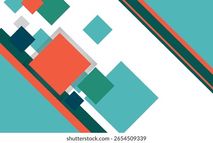 Diseño geométrico Abstractas moderno con cuadrados superpuestos en tonos naranja, verde azulado y verde. Ideal para fondos, negocios y temas de Tecnología.
