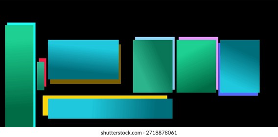 Design geométrico abstrato moderno com sobreposição de formas retangulares vibrantes azul, azul e verde e gradientes em um fundo preto. Recurso gráfico versátil.