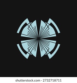 Design geométrico abstrato moderno com linhas de radiação simétrica e formas angulares em azul claro em um fundo escuro, ideal para projetos de tecnologia e gráficos.