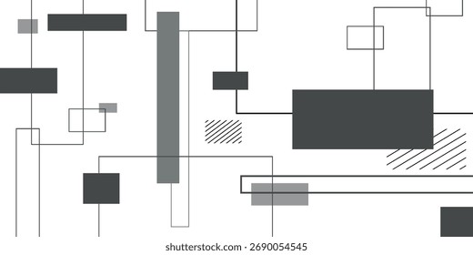 Diseño geométrico abstracto moderno con líneas y rectángulos que se cruzan en tonos de gris y negro sobre un fondo blanco