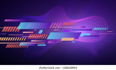 Modern abstract geometric gradient background. Colorful stripes and dynamic wavy vivid lines with halftone star texture over violet background for your design