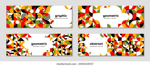 Anuncios Horizontales geométricos abstractos modernos con colores amarillos, púrpura, verde, rojo y blanco, Formas audaces y patrones intrincados. Vector de fondos contemporáneos y dinámicos, Plantillas de cobertura