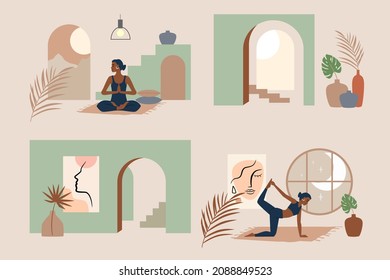 Modern abstract geometric interior with plants vector. Wall in boho style with woman.