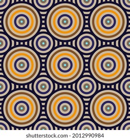 Modern abstract geometric line concentric circles motif pattern tribal random round shapes background. 70 s fashion textile fabric swatch geometrical design. Colorful psychedelic all over print block.