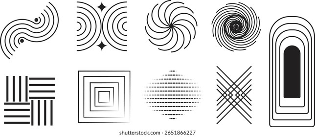 Modern abstract geometric line and dot pattern set featuring spirals, waves, grids, concentric shapes, and arches, perfect for wall art, posters, prints, and digital graphic backgrounds.