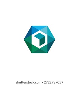 Logotipo geométrico abstracto moderno con un vibrante hexágono facetado azul y verde que encierra un cubo tridimensional blanco, que simboliza la innovación, los datos estructurados y las soluciones tecnológicas