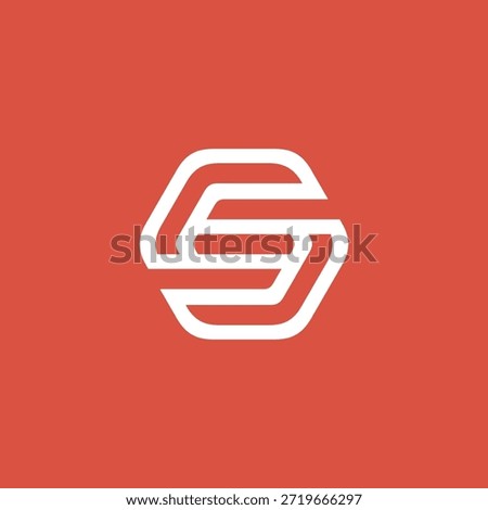 Modern abstract geometric logotype featuring a stylized letter 'S' or 'E' within a sleek hexagonal outline, presented on a vibrant red background, perfect for contemporary branding