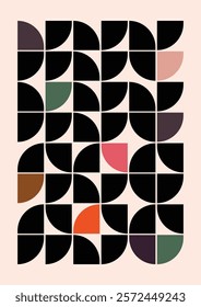 Modern abstract geometric pattern with black semicircles accented by earthy green, orange, pink, and brown tones on a beige background. Stylish, minimalist, and perfect for decor or branding.
