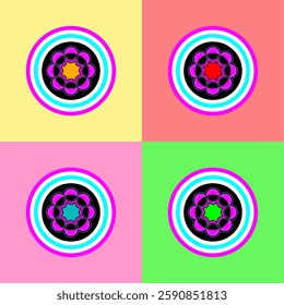 A modern abstract geometric pattern with circular symmetry, vibrant neon colors, and concentric rings, set against four colorful quadrant backgrounds.