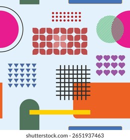 Modern abstract geometric pattern with colorful shapes on light blue background. Perfect for digital prints, textiles, wallpapers, and graphic design projects.