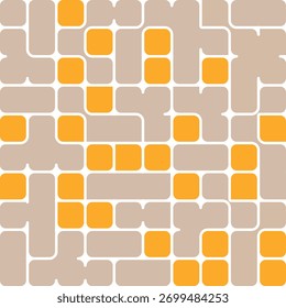 Modern abstract geometric pattern composed of soft beige and orange rounded blocks arranged in a seamless grid over a clean white background. The design combines a retro aesthetic