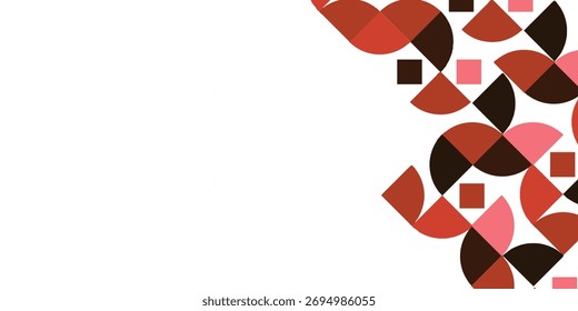 Um padrão geométrico abstrato moderno com quadrados e círculos em vários tons de vermelho, rosa e marrom escuro, dispostos em um fundo branco limpo, criando um elemento de design dinâmico.