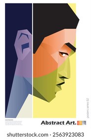 Modern abstract geometric portrait of a man in vibrant colors. Polygonal style, split into contrasting color panels. Perfect for posters, prints, and contemporary designs. Vector illustration