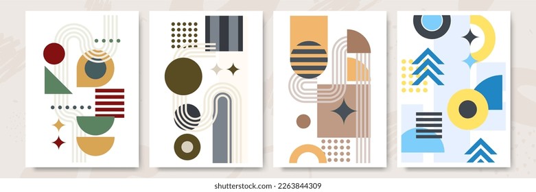 Modern abstract geometric poster cover. Minimal retro boho bauhaus composition shapes design. Colorful geometric background. Vector illustration.