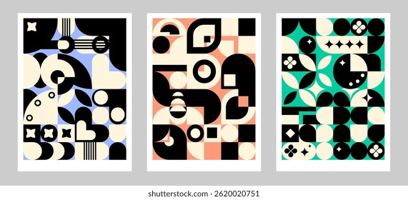 Conjunto de carteles geométricos Abstractas modernos. Conjunto de carteles geométricos abstractos con Formas audaces, líneas curvas y bloqueo de color en negro, crema. Mid Century Moderno Vector Layouts.Colorful Retro Geometría Arte