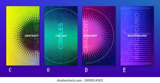 Modern abstract geometric posters in minimalistic style on halftone gradient background. Cool textured backgrounds. Card, poster, cover, flyer set. Trendy flat print. Bright and contrast design