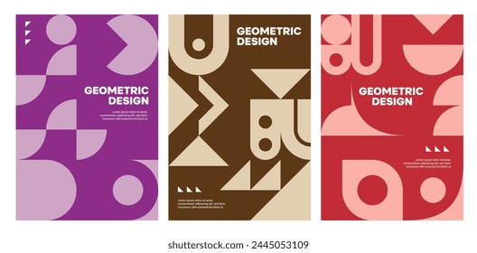 Modern abstract geometric posters. Vector vibrant vertical background or cover designs features bold shapes, clean lines, geometric patterns and harmonious color palette in purple, brown and red hues