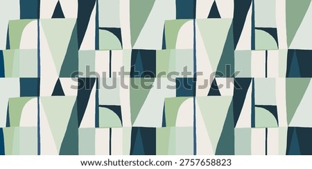 Modern abstract geometric print in green tones. Hand drawn minimalist collage contemporary seamless pattern. 