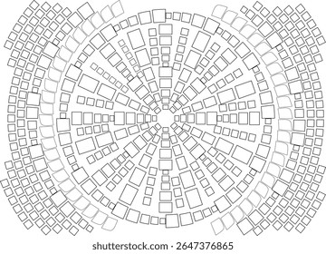 Modern Abstract Geometric Radial Mosaic Pattern with Interlocking Squares and Curved Shapes on White Background, Ideal for Contemporary Designs, Digital Art, and Minimalist Decor.
