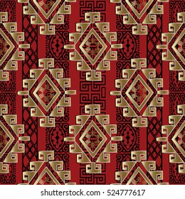 Modern abstract geometric red vector seamless pattern background wallpaper illustration with vintage gold greek key,,rhombus and decorative pattern ornaments.Decor elements with shadows and highlights
