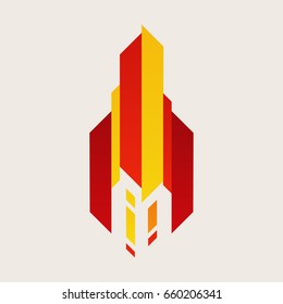 Modern abstract geometric rocket design, creative concept, background with polygonal elements.Vector illustration with red, yellow, orange lines. Used for banner, poster, card, infographic