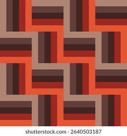 Modern abstract geometric seamless pattern with intersecting stripes and rectangular shapes. The design is made in a warm palette of brown, red and terracotta shades. Ideal for textiles, wallpaper, pa