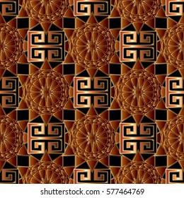 Modern abstract geometric seamless pattern. Geometrical background. Vintage wallpaper. Stylish  antique ornaments with gold 3d stars, triangles, rhombus, squares, figures, shapes and antique greek key