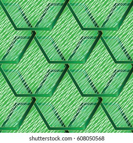 Modern abstract geometric seamless pattern  with vintage artistic calligraphic white tracery line art ornaments , zigzag, hexagons and geometrical tiled figures. Green background. 