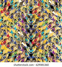 Modern abstract geometric seamless pattern.  Colorful vector background wallpaper with 3d  tribal shapes, figures, stripes, rhombus, triangles, love hearts and elegance ornaments in aztec style
