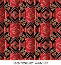 Modern abstract geometric seamless pattern. Black background wallpaper illustration with red gold geometry shapes, figures, rhombus, triangles and tiled beautiful  ornaments. Vector surface 3d texture