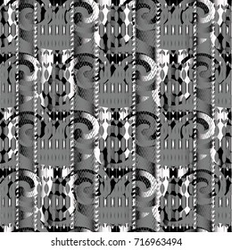 Modern abstract geometric seamless pattern. Aztec background. Tribe ornamental wallpaper. Elegance vector texture with geometric shapes, stripes and figures. Design decor with shadows and highlights