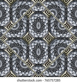 Modern abstract geometric seamless pattern. Vector abstract 3d black white background. Abstract shapes, figures, flowers, mandalas, circles, squares, greek key ornaments. Design for wallpapers, fabric
