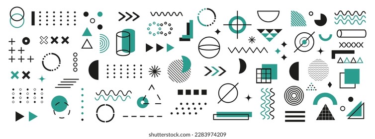 Modern abstract geometric shapes set. Minimal covers design, different line graphic shapes for web, banner, advertisement, billboard poster, leaflet, site. Colorful geometric background.