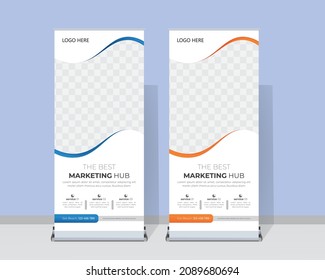 Modern abstract geometric shapes  trendy business pull up banner. Exhibition marketing x-banner design, creative presentation stand banner layout template. Vector illustration. EPS