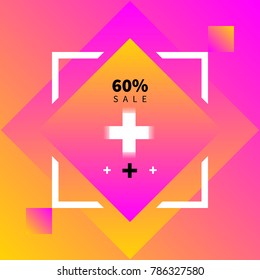 modern abstract geometric and square objects with small white cross on magenta gradient background 