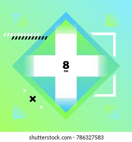 modern abstract geometric and square objects with big white cross on light green gradient background 