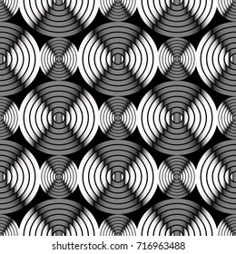 Modern abstract geometric striped circles seamless pattern on the black background. Black white ornamental geometry wallpaper. Elegant vector texture with geometry shapes, stripes, circles and figures